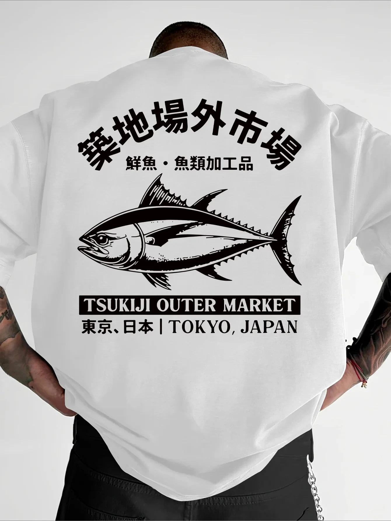 Vintage Tsukiji Outer Market Men's T Shirt Fitness Cotton Tee Casual Oversized O-Neck Summer Spring Loose Streetwear Top women