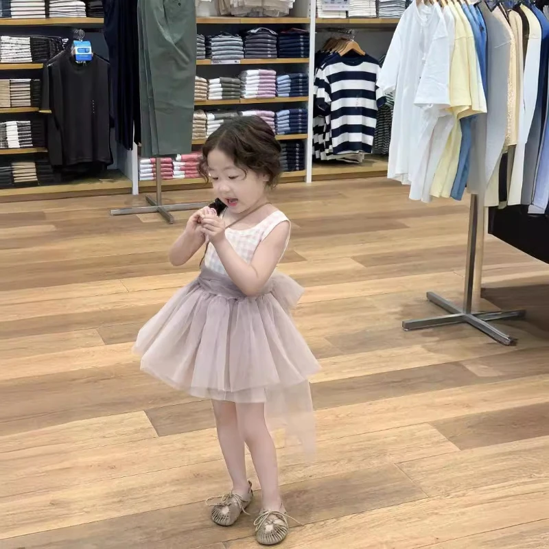 

2026 Girls Pink Plaid Vest Set, Sweet Knit Top & Bow Tie Tulle Dress Summer Two-Piece Outfit New Arrival