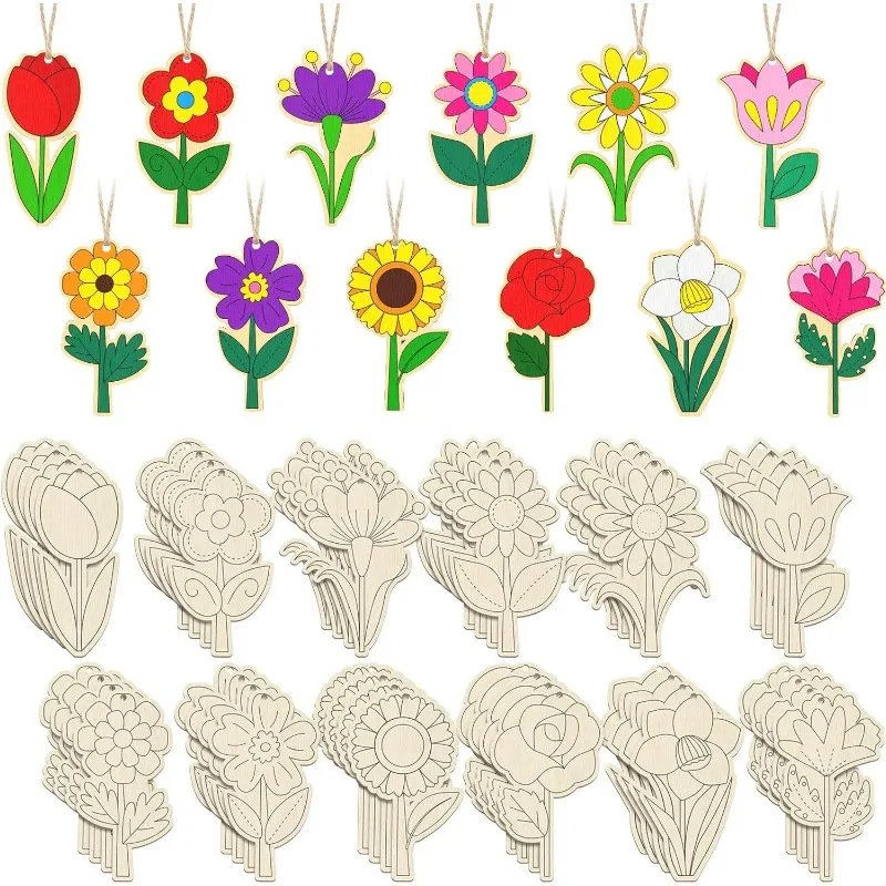 48Pcs Children's Wooden DIY Handicraft Pendant Spring Colorful Flower Shape Hanging Decoration Wooden Carving Decoration