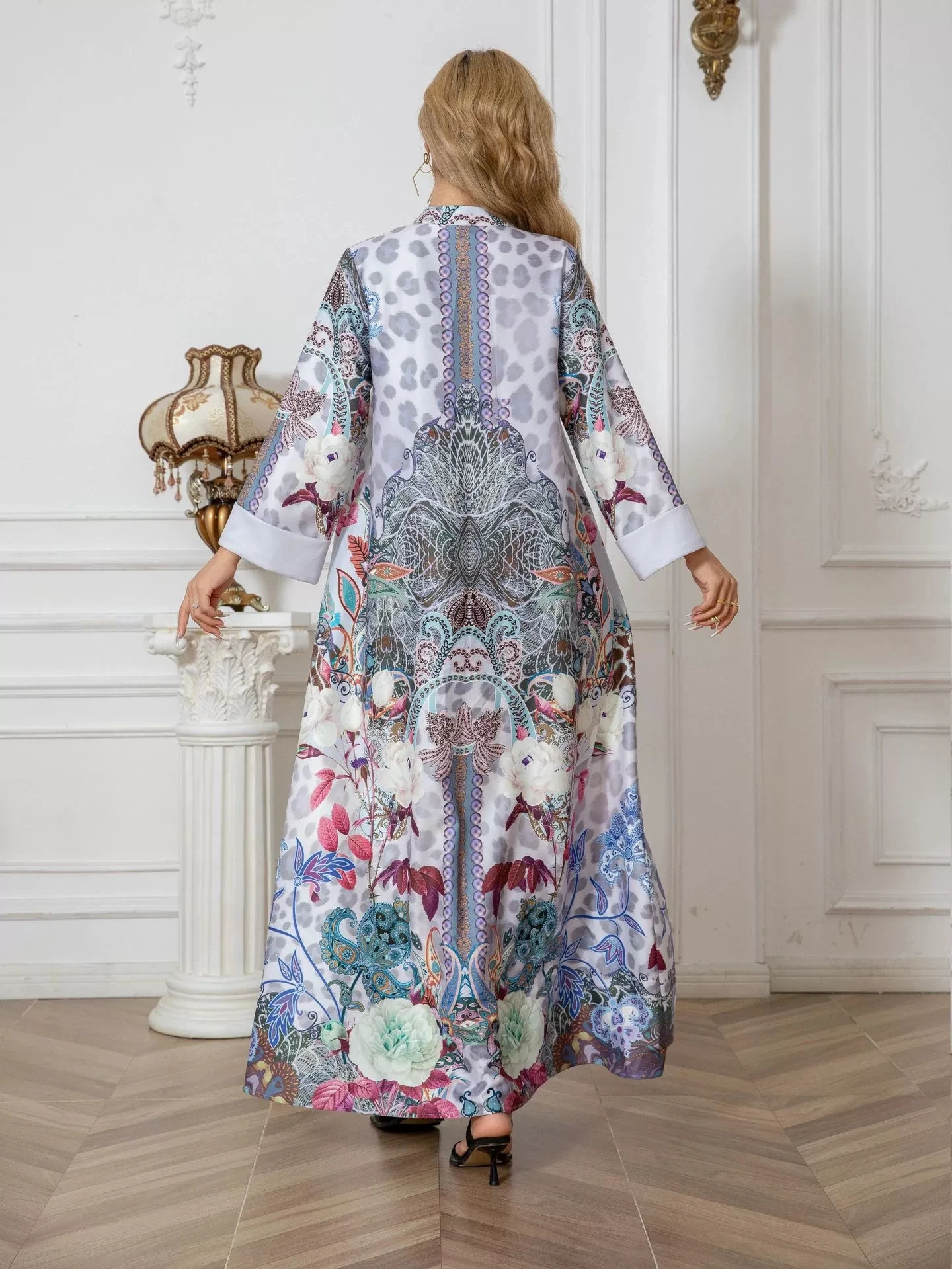 中東風ロングプリントダイヤモンドスタッズドレス刺繍ビーズゆったりウエストレギュラースリーブ春秋ロングドレス