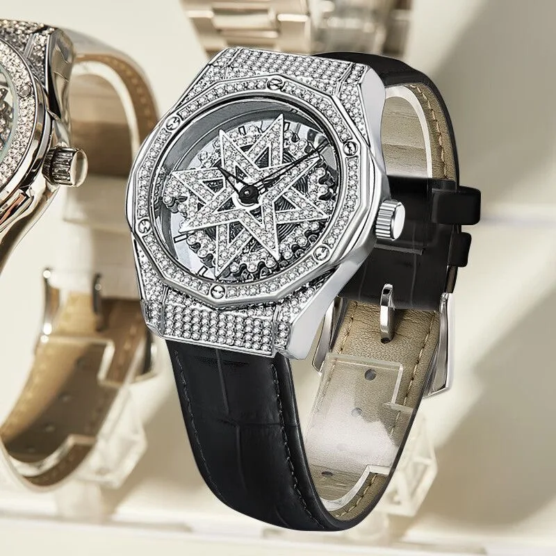 Mark Fairwhale Luxury Watch for Women 2025 Fashion Iced Wristwatch with Diamond Rotating Dial Bling Leather Strap Elegant Gift f