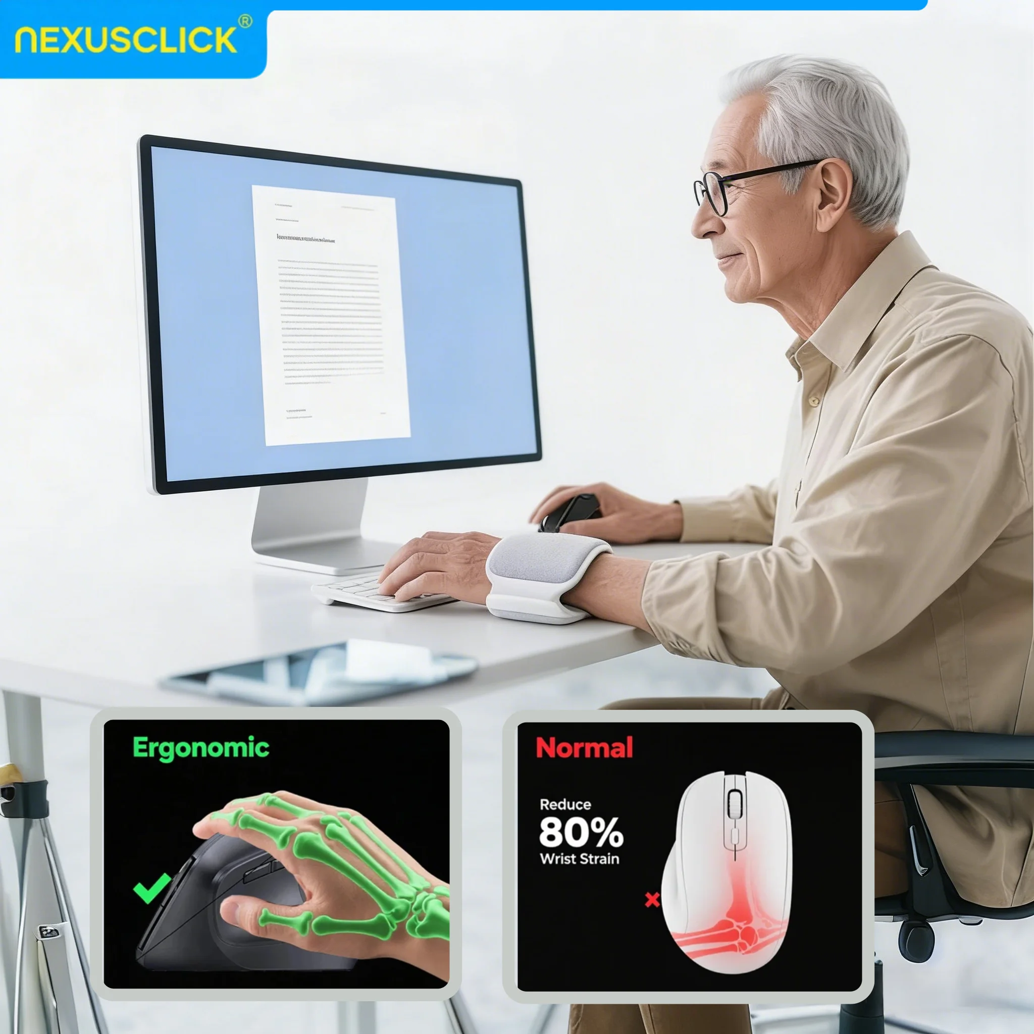 NexusClick Ergonomic Vertical Wireless Office Mouse,2.4G/BT 5 Mute Buttons, Adjustable DPI,Battery Powered for Laptop PC MacBook