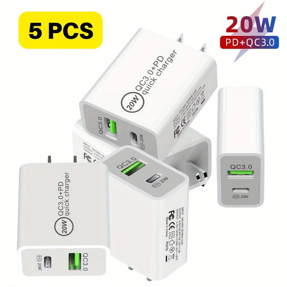 

5PCS PD 20W USB-C Power Adapter Fast Wall Charger For iPhone 15 14 X 8 6 Samsung