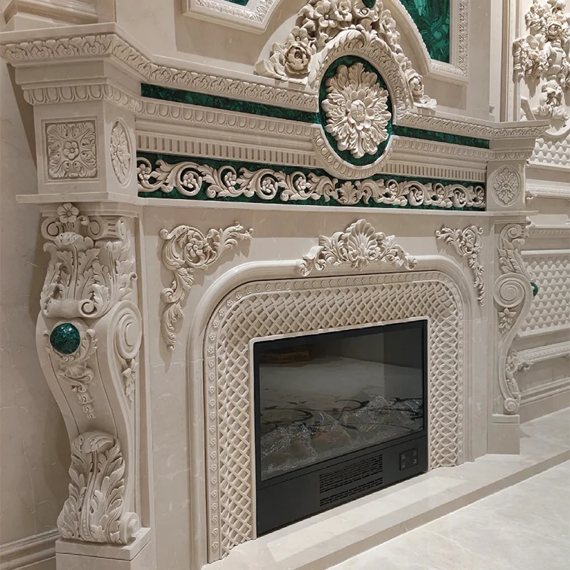 Royal Style Modern Natural Taj Mahal Beige Marble Fireplace Surround Mantel with Hand Artistic Engraving for Home Decor