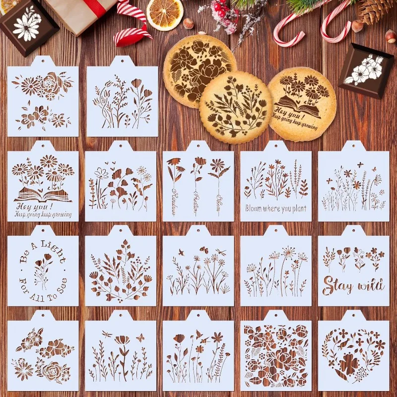 17Pcs Inspirational Floral Cookie Stencils, Flower Pattern Template for Cake Baking, Party Decoration & DIY Handcraft Making
