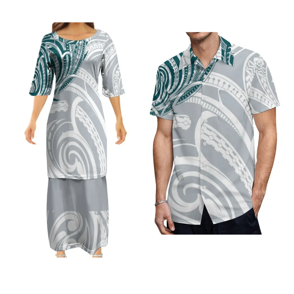Samoa fiji ilha havaiana floral impressão verão de manga curta feminina puletasi camisa masculina polinésia vestido feminino 2025