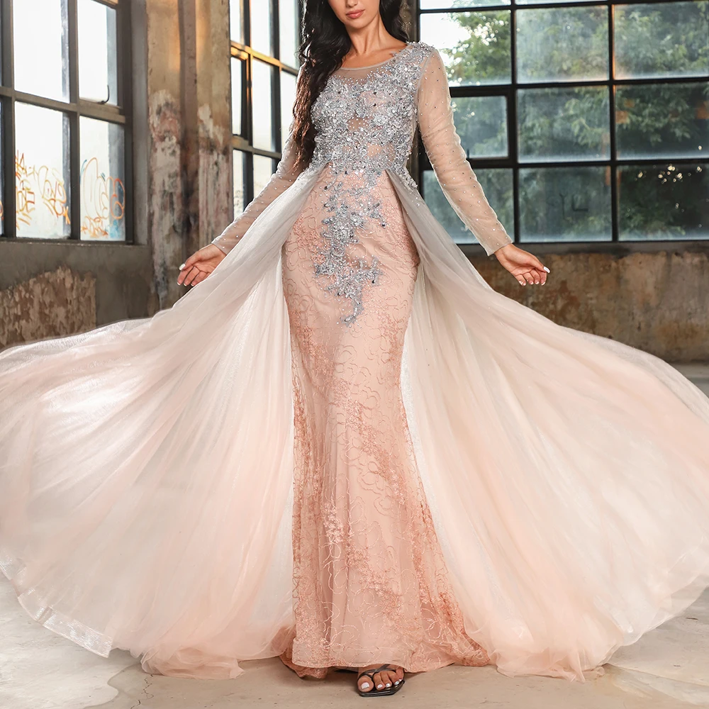 

Elegant Modest O Neck Long Sleeves Delicate Tulles Mother Of The Brides Plus Size Dubai Evening Dresses Formal Gown Party Wear