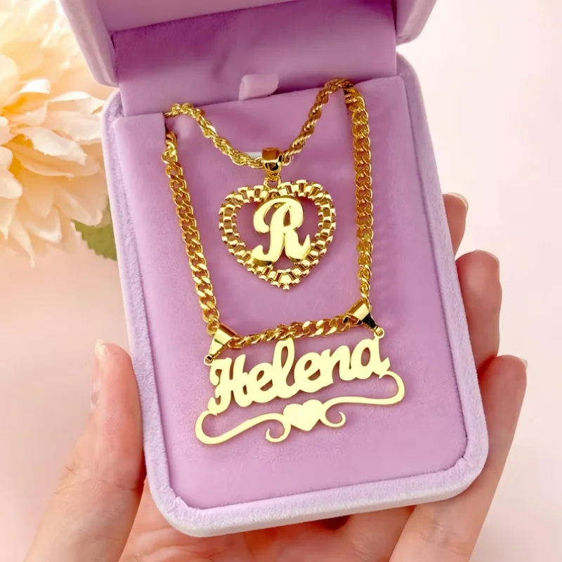 

Custom Name Two Necklaces Set Kids Woman Name Jewelry Set Personalized Name Necklace, Birthday Gift, Mother's Day Valentine'sDay