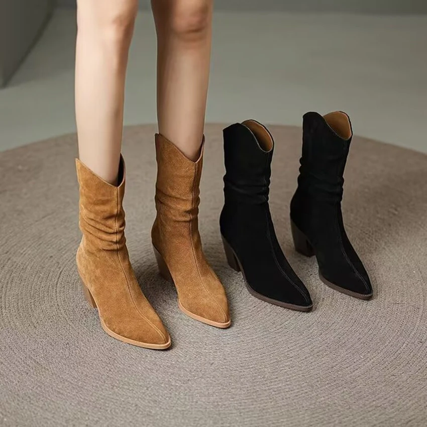 

Western Cowboy Boots Women Autumn and Winter Low Heels Pointed Toe Ankle Boots Faux Suede Brown Female Low Boots Botines Mujer