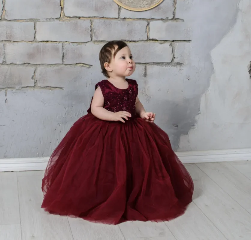 Burgundy Flower Girl Dress Beaded Lace Tutu Dress For Girls Toddler Tulle Dress Photography Regency Girl Dress Special Occasion