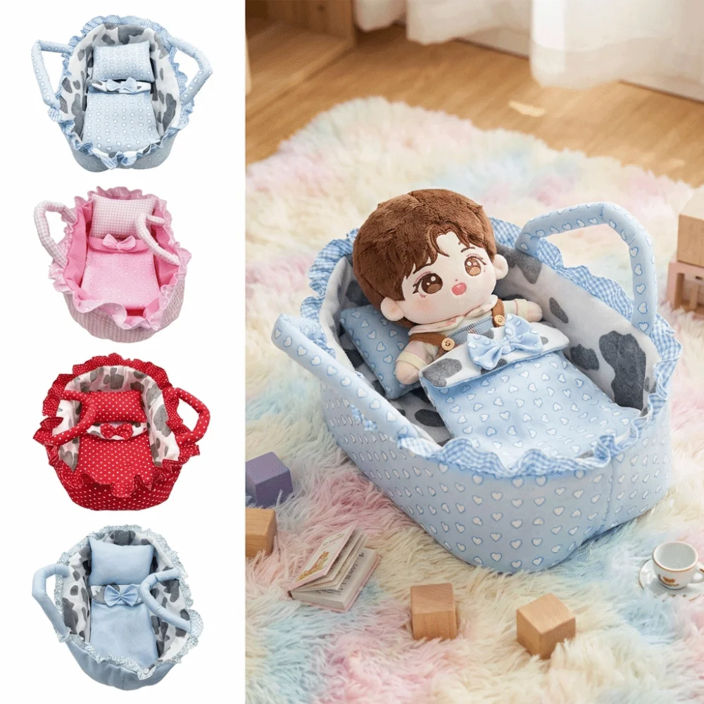 Hand-pull Design Doll Basket Pink Gingham Soft Dollhouse Accessories Washable Material Ruffled Design Pretend Play Toys