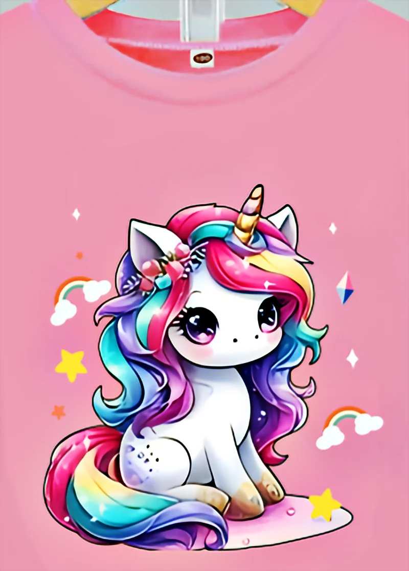 بدلة صيفية كاجوال لطيفة للفتيات برقبة دائرية، بلوزة مطبوعة على شكل وحيد القرن باللون الوردي مع شورت مطبوع عليه حرف واحد فقط أسود