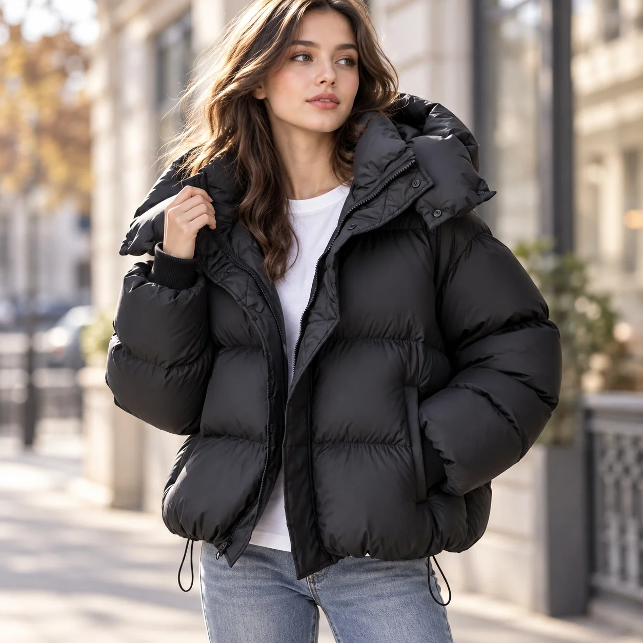 Loose Fit Hooded Coat Short Length Commute Style with Long Sleeve Pockets Zipper Closure Ultra Thick Casual Women Winter Coat