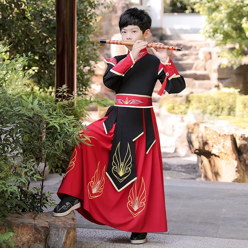 

Traditional Boy Ancient Print Hanfu Stage Wear Kids Cosplay Costumes Chinese Style Folk Dance Clothes