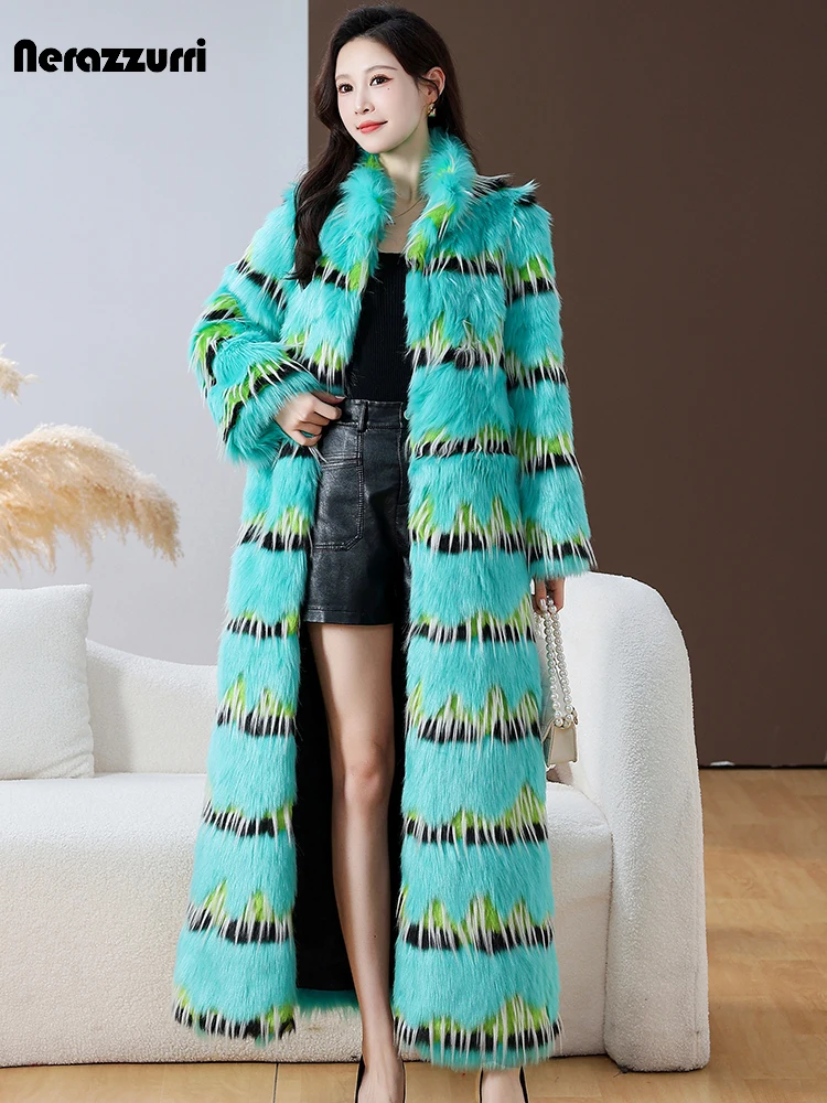 Nerazzurri Winter Extra Long Colorful Multicolored Thick Warm Fluffy Faux Fox Fur Coat Women Stand Collar Luxury Furry Overcoat