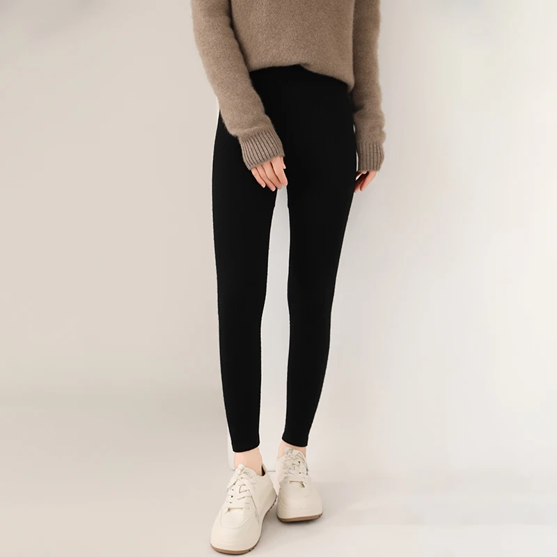 Women 100% Merino Wool Knitted Leggings Autumn Winter Soild High Waisted Wool Pants Comfort Small Leg Pants Versatile Thick Warm