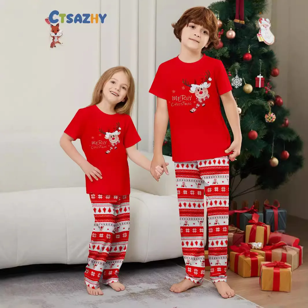 2024 new Deer long sleeve printed pants baby boys and girls women\'s men\'s red Christmas parent-child pajamas pajama pants 2 sets