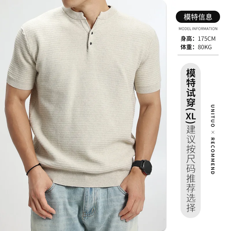 2026 Summer New Men's Short Sleeved Knitted T-shirt Polo Shirt Fashion Retro Henry Collar Business Casual Tops T-shirt for Men