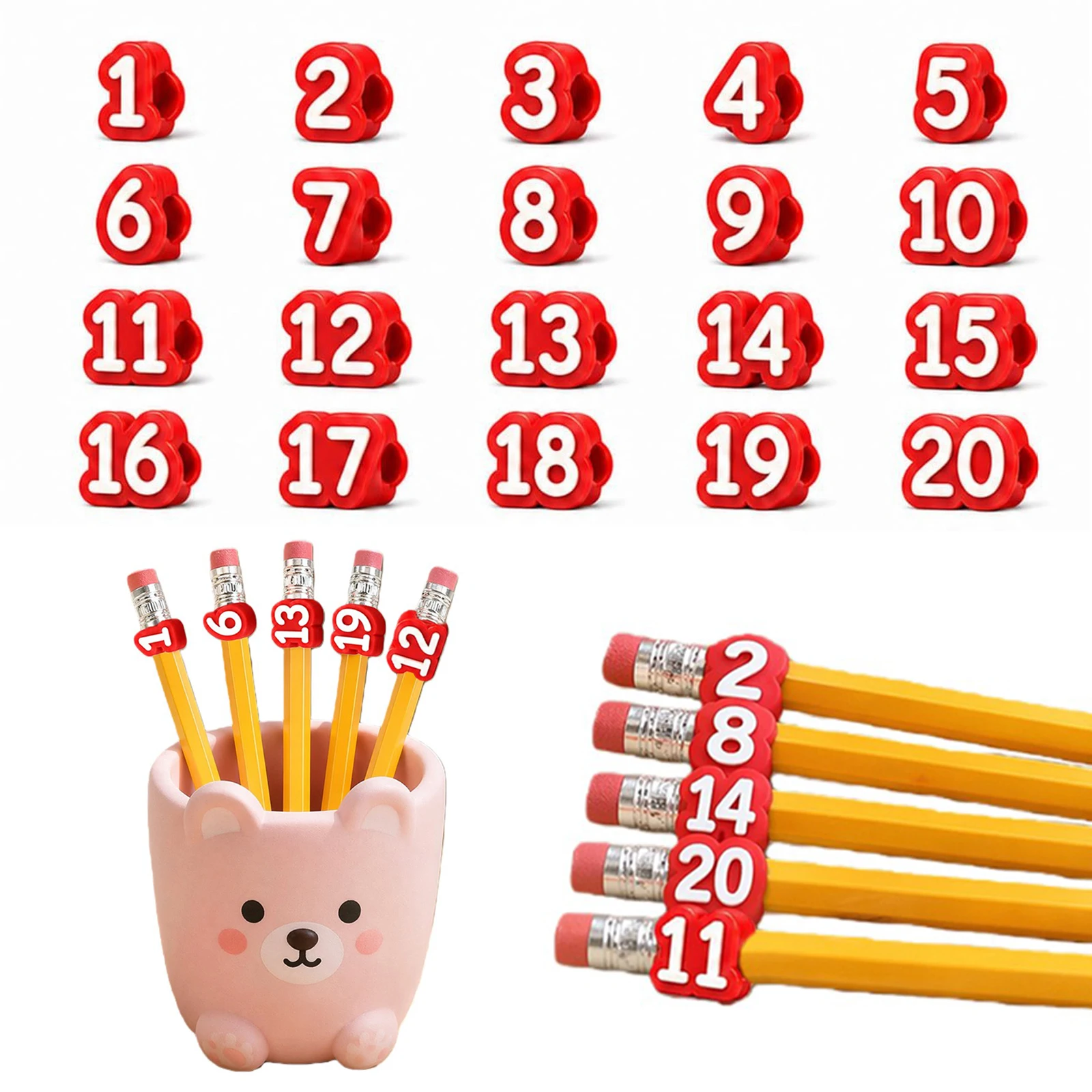 20 Pcs Numbered Pencil Toppers 1-20 3D Printed Pencil Tracking Markers Reusable Number Tags Gifts Party Favors for Students