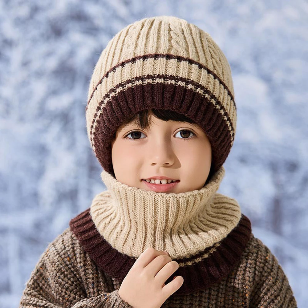 Thiened Gestrickte Kindermütze Schal Set Jungen Mädchen Herbst Winter Sle Warme Mützen Winddicht Weiche Bequeme Wollmütze