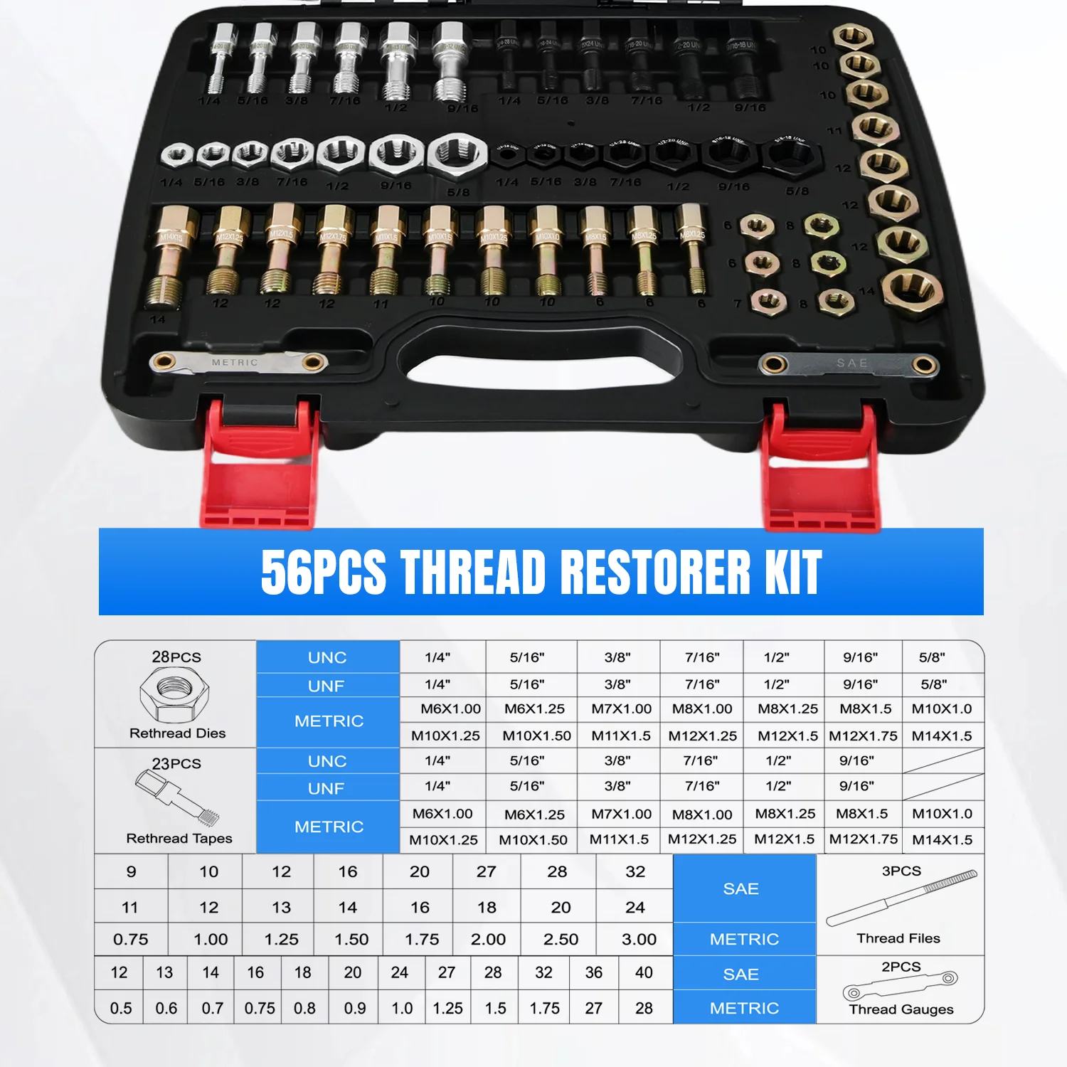 Nilight Thread Chaser Set SAE Metric Master Thread Repair Kit with Case 28 Taps 28 Dies 3 Files 2 Gauges Universal UNC UNF Sizes Automotive Tool for Mechanic Auto Shop Home Garage Repair