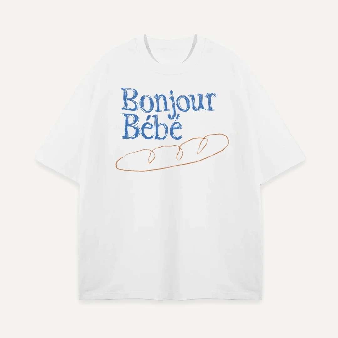 Vintage French Slogan Bread Line Art Graphic Crewneck T-Shirt Men Women Short Sleeve Soft Cotton Oversized Casual Summer Tops