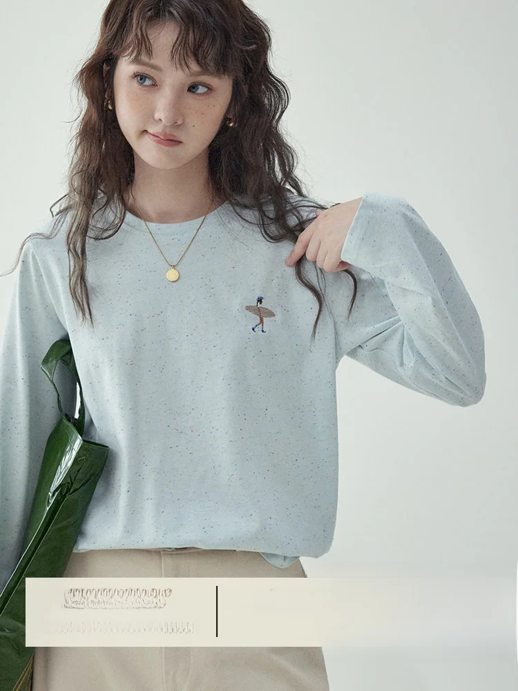 

AMUU Original Girl Feel Embroidered round Neck Long Sleeve Loose T-Shirt Women's Spring New Style Casual Cotton Top