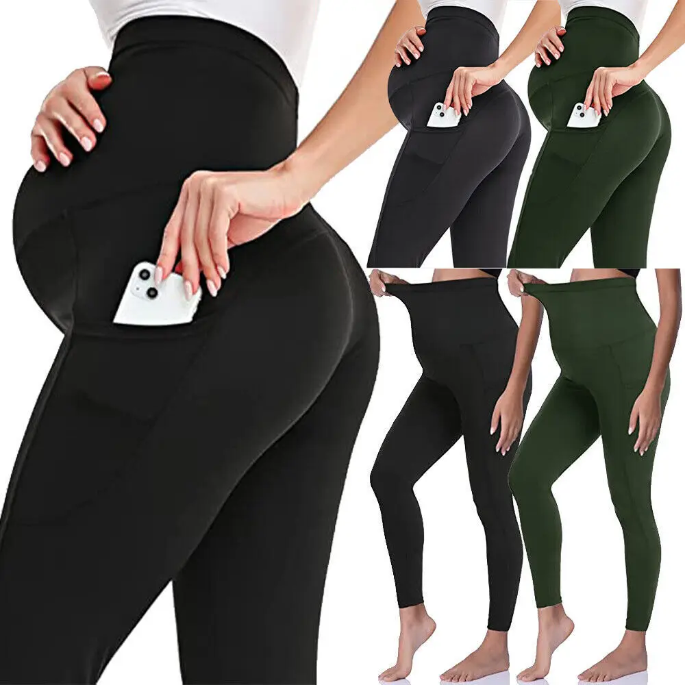 ハイウエスト妊婦用ベリーヨガパンツヒップリフティング速乾性プラスサイズポケットスポーツフィットネスパンツ妊婦