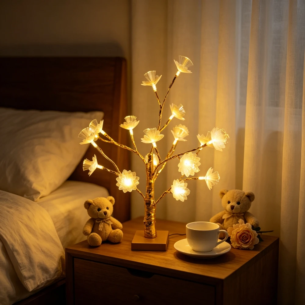 Double Layer Fiber Optic Lotus Flower Golden Birch Tree LED Table Lamp, Floral Desktop Light for Bedroom Table Home Decor