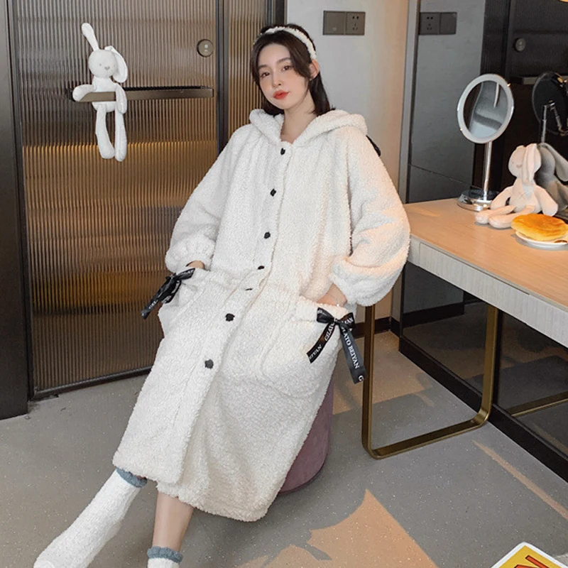 Winter Thick Coral Fleece Nightgown Sleepwear Winter Women Hooded Bath Robe Kimono Gown Loose Flannel Long Nightdress Home Wear