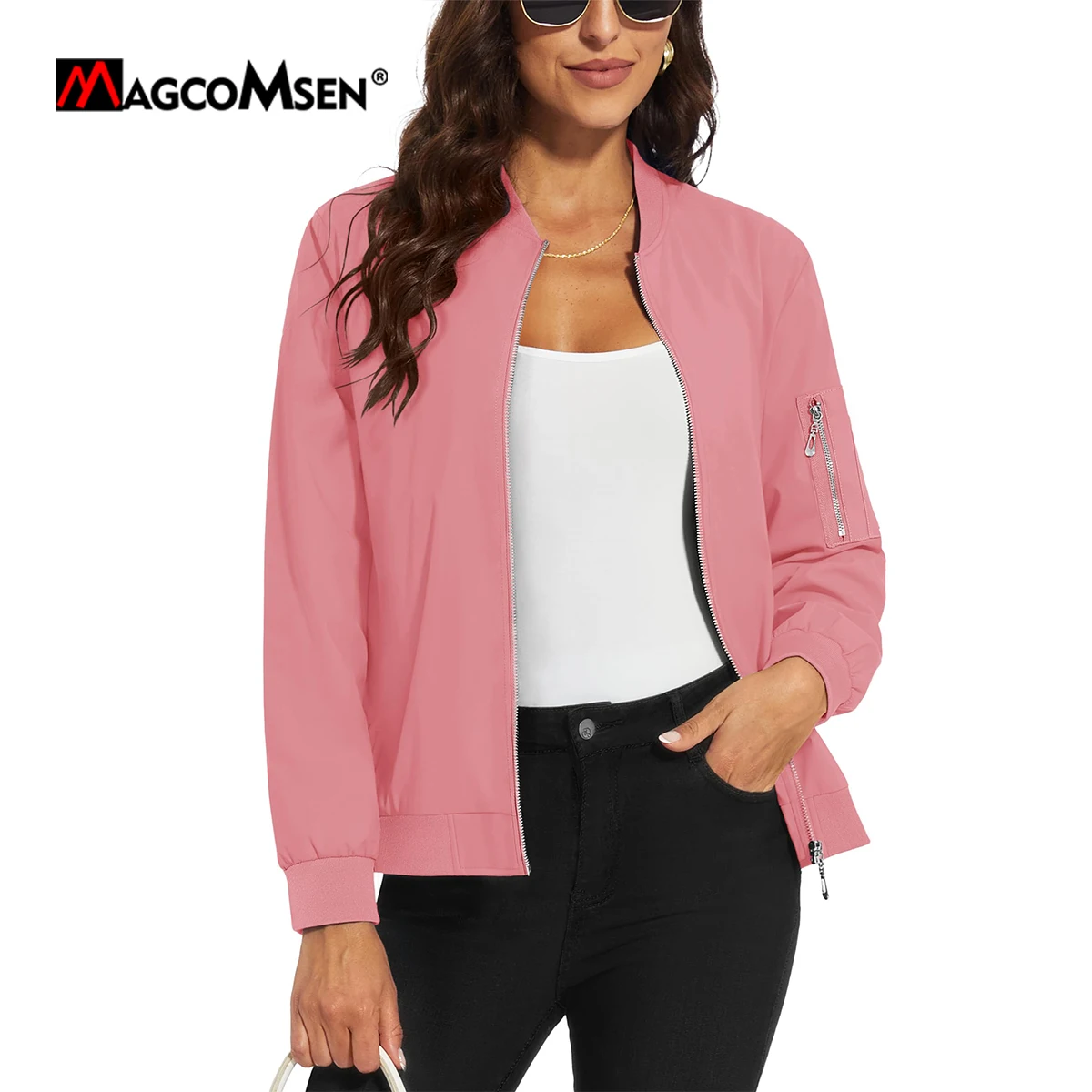 MAGCOMSEN Giacca da aviatore da donna con zip intera Giacca a vento casual Primavera Autunno Giacca bomber leggera Capispalla da viaggio impermeabile