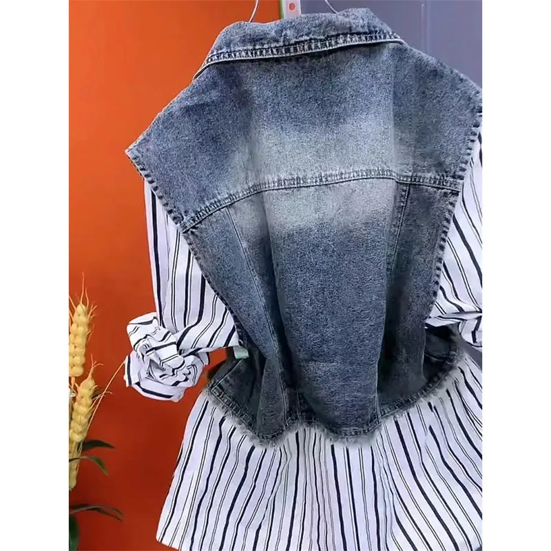 Nowa Damska Jeansowa Bluzka Wiosna Jesień Koreańska Łączona Imitacja Dwuczęściowa Koszula Kowbojska Damska Codzienna Koszulka w Paski Damska Wiatrówka