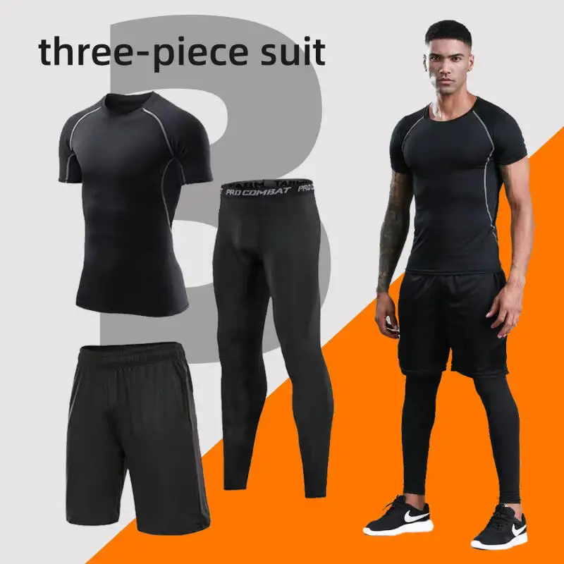 

Men's Clothing Shirt Hood Spring Autumn Clothing Running Clothes Three-Piece Set T Shirts Hoodie Exercise Trend Base Layer Youth