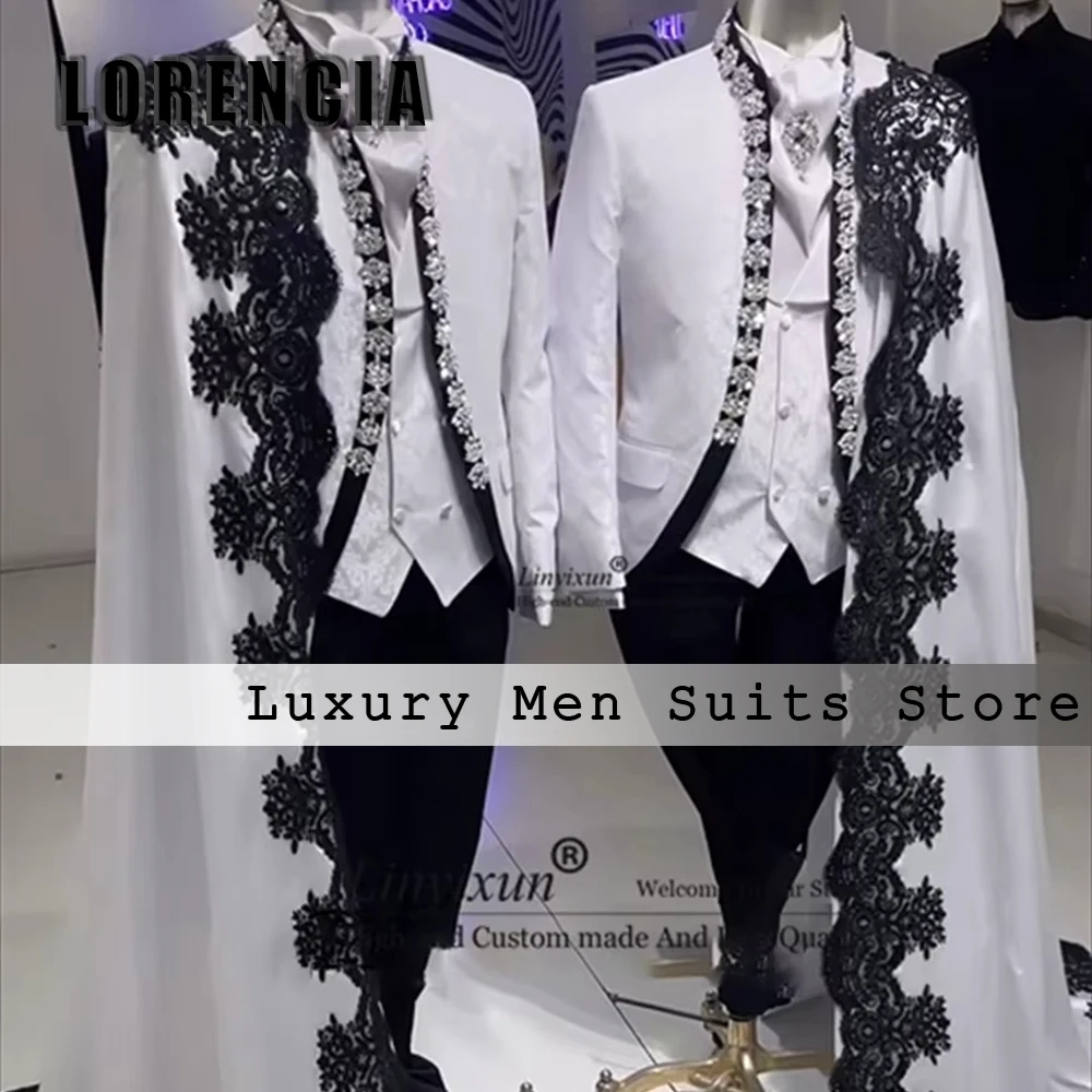 

Роскошные мужские костюмы с бриллиантами, комплект из трех предметов с плащом, кружевная аппликация, смокинги, свадебный наряд для жениха, индивидуальный пиджак, брюки, жилет ropa hombre