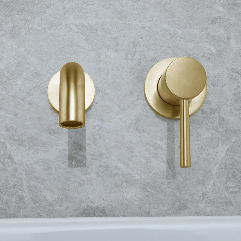 

Luxury Brushed Gold Tap Wall Mount Bathroom Basin Sink Faucet Solid Brass Single Handle Hot and Cold Mixer Golden Bathtub