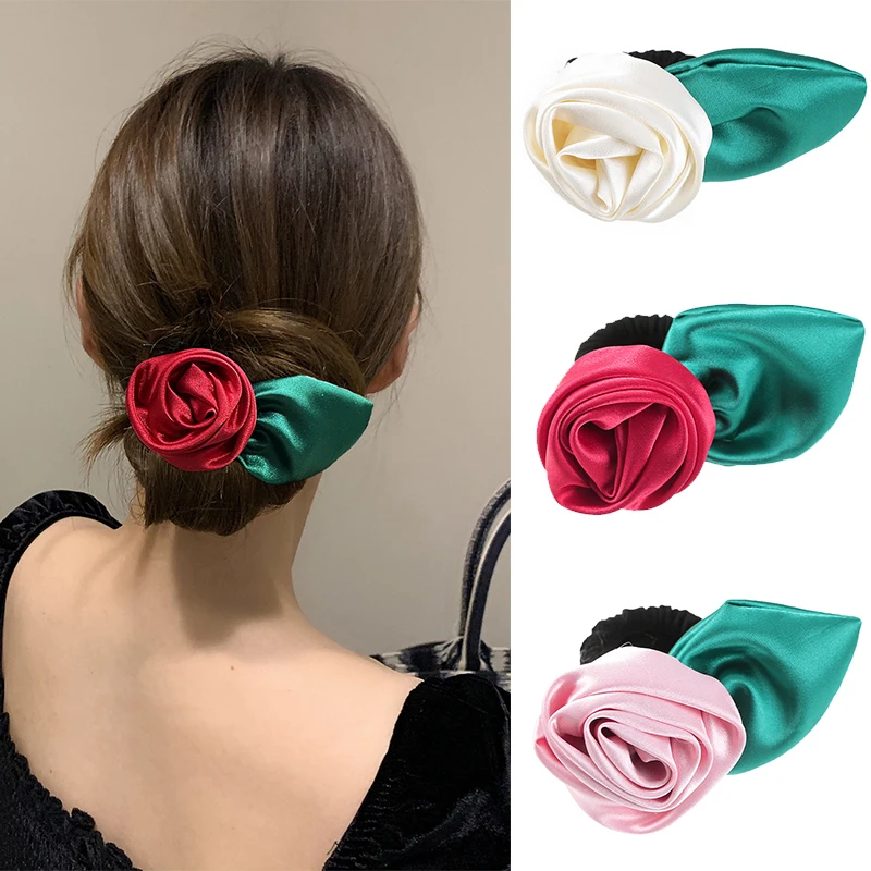 AWAYTR Satin Rose Flower Hair Rope Scrunchies Ponytail Holder Headband for Women Elastic Hair Bands Hair Accessories