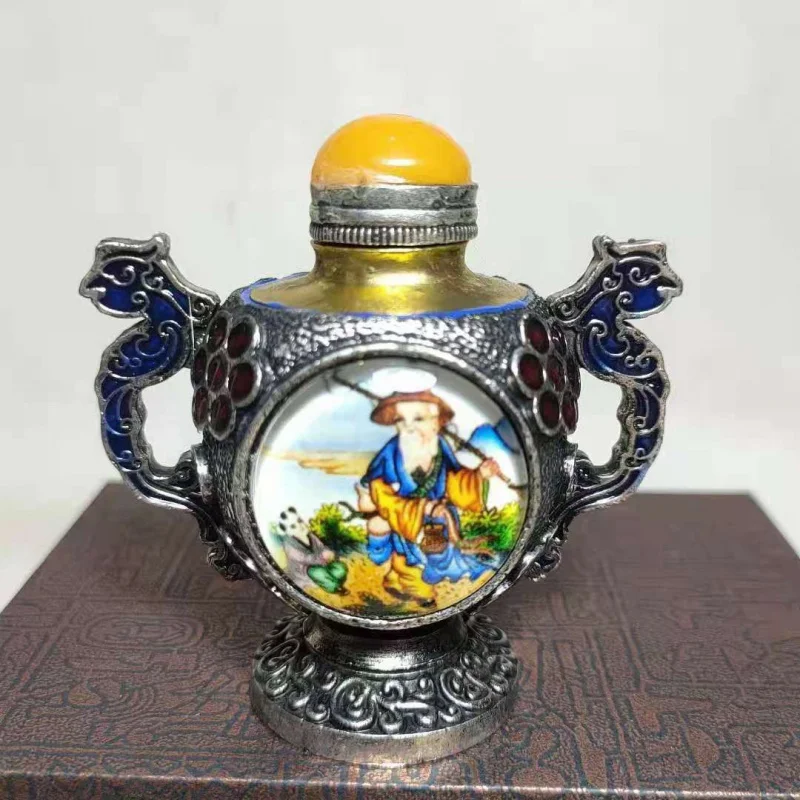 Antique Collection Antique Tibetan Style Snuff Bottle Pure Copper Double-Sided Painting Inlaid Smoking Set inside Painted Snuff