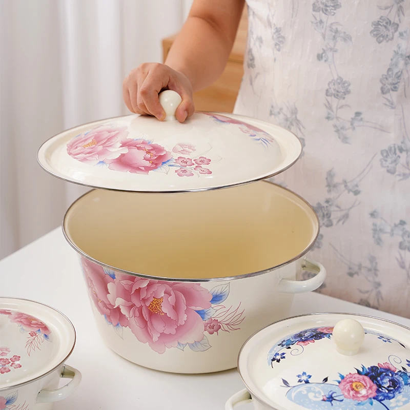 Bowl Binaural Enamel Basin with Lid Thickened Enamel Household Old-fashioned Lard Basin Bowl with Handle Dumpling Stuffing Basin