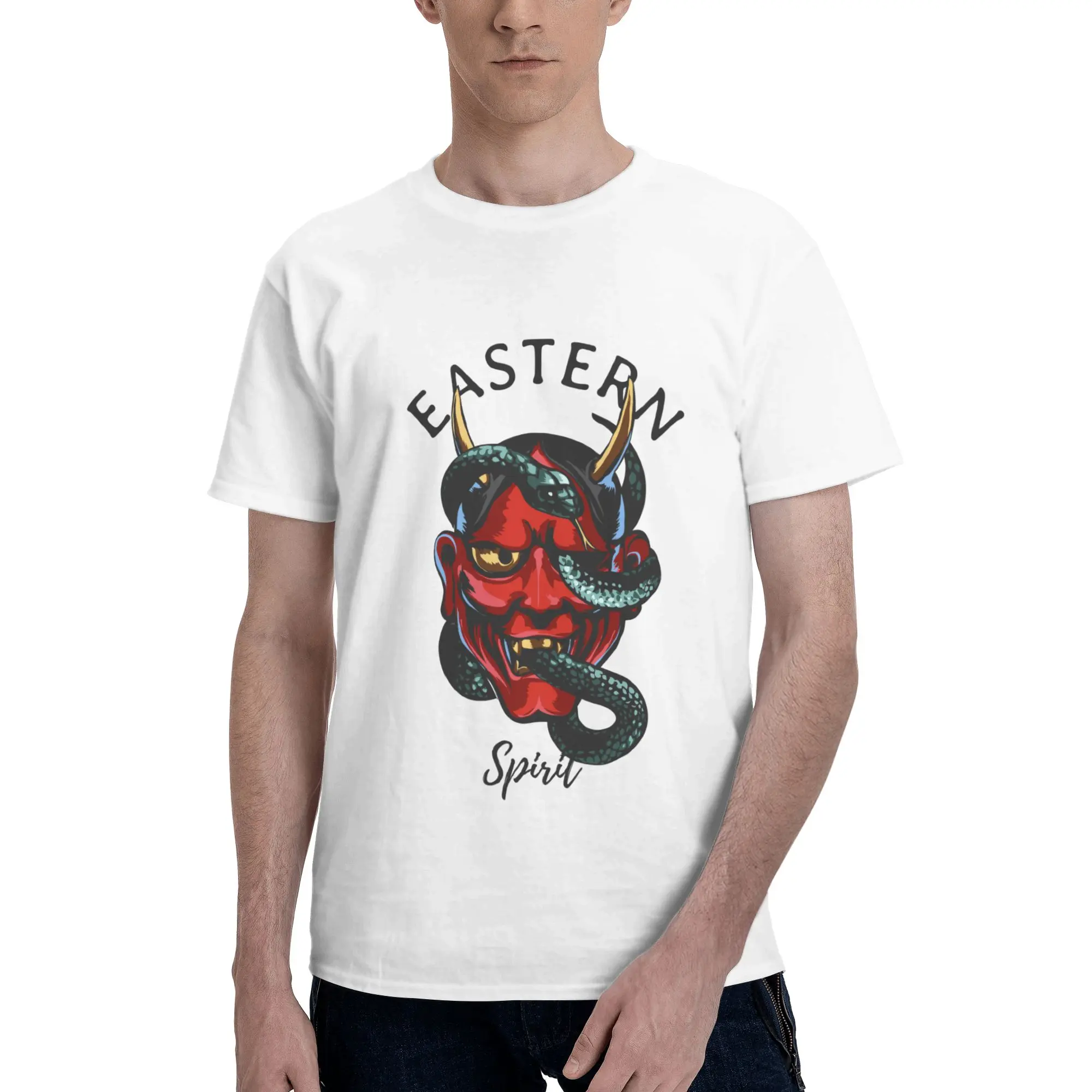 Eastern Red Demon Mask Print Men T-Shirt Clothes  Tee Shirt Short Sleeve fugees 100% Cotton