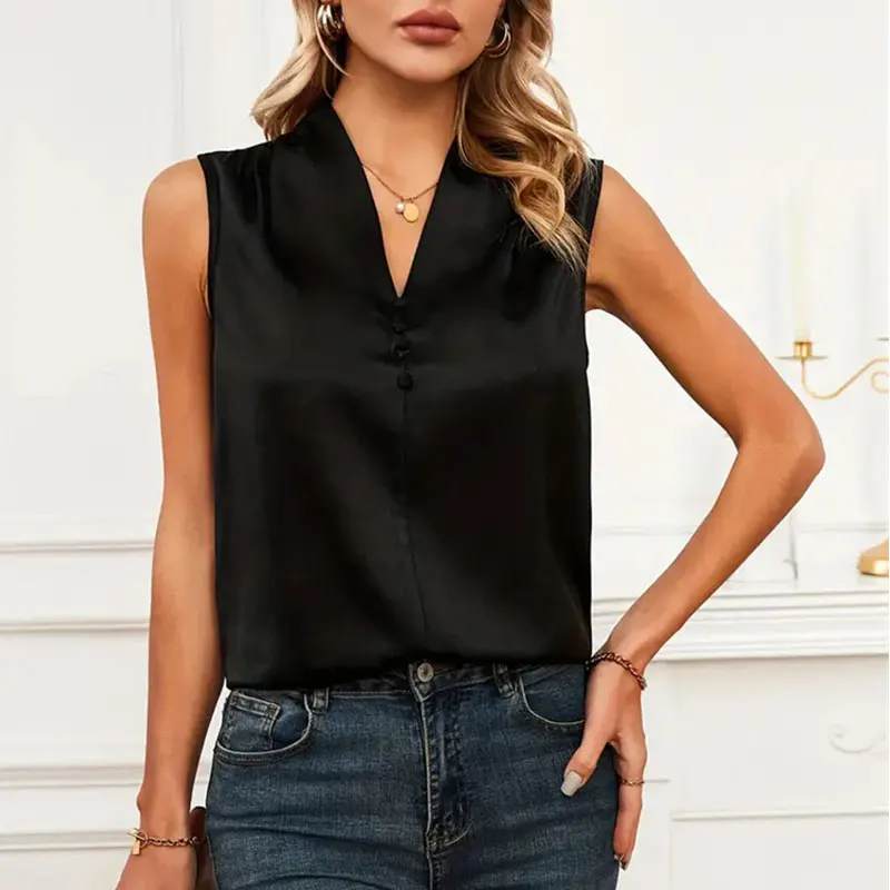 Y.KUKU 2024 Satin Women Vest Summer Shirts Fashion Sleeveless Office Streetwear Clothing Tops Elegant V-neck Women Tanks