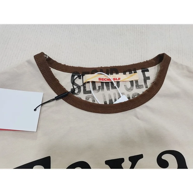 New SECND SLF Men Short Sleeve Tee Heart Letter Slogan Contrast Trim Print Loose Street Top