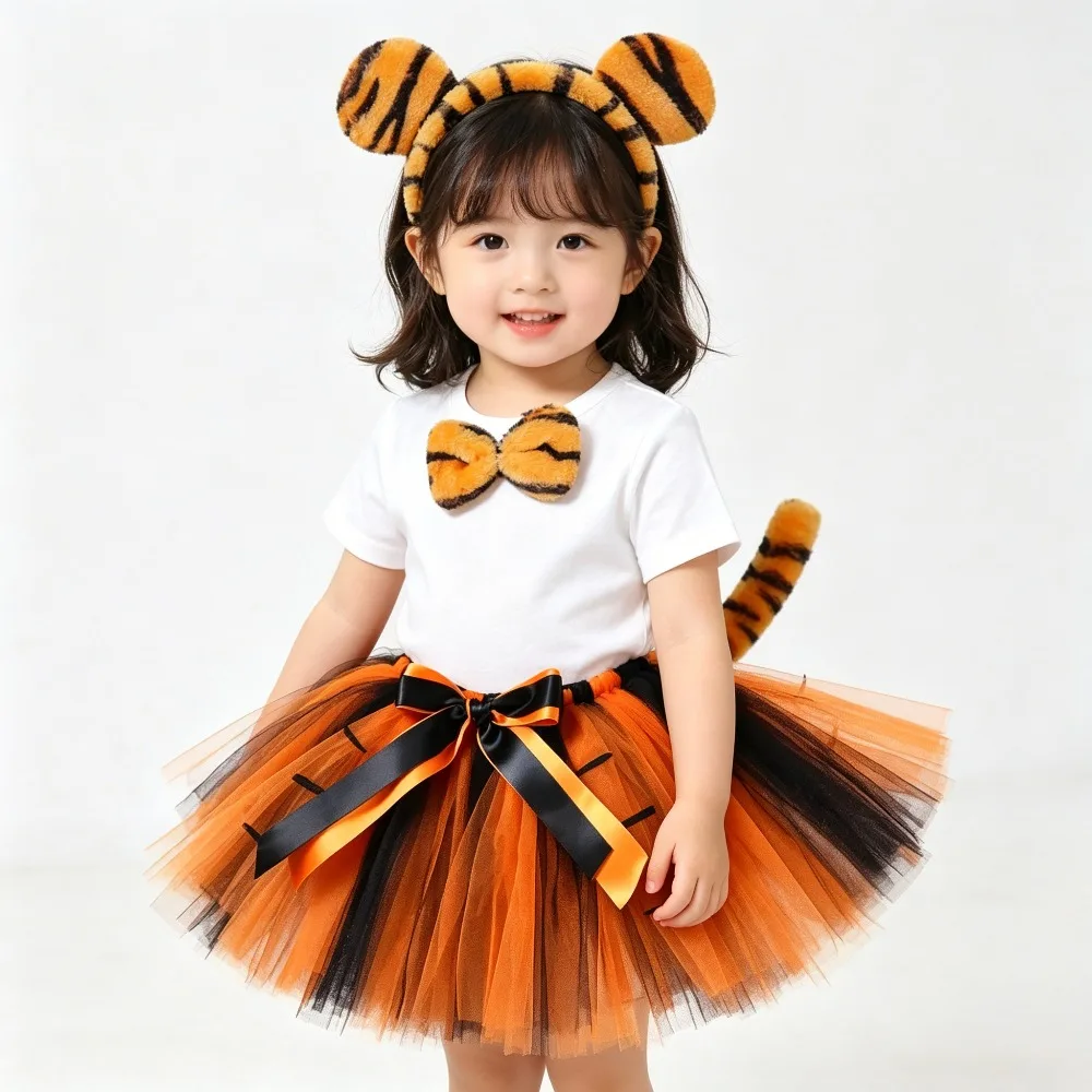 Kids' Tiger Tutu Outfit Set, Cartoon-Themed Cute Clothes for Girls, Suitable for Halloween and Birthday Parties, Tutu Dress
