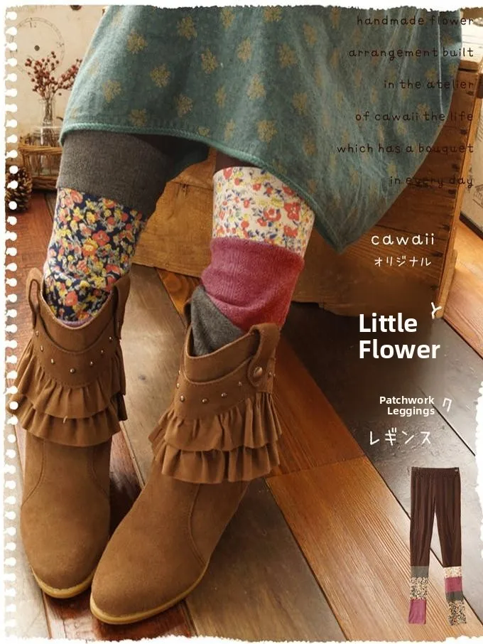 

Осенне-зимние женские трикотажные брюки с цветочным пэчворком, эластичные, универсальные, теплые, из смесового полиэстера и хлопка, длинные штаны