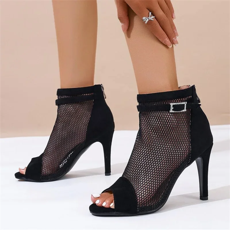 2025Summer hollow black cool boots slim heels mesh boots fish mouth exposed toe high heels mesh women's shoes dance short boots