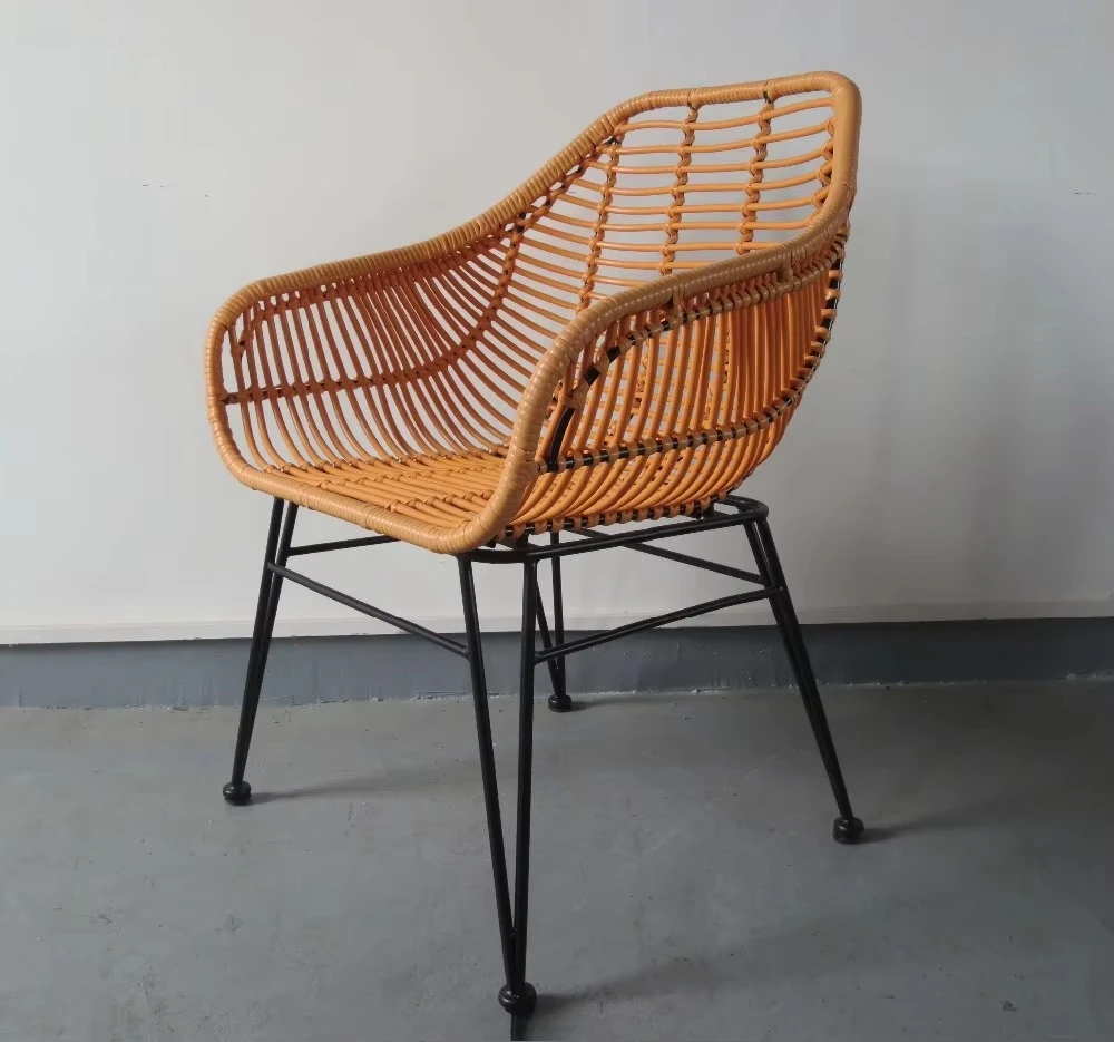 mf-Foshan Factory Wholesale Cheap Price Black Metal Wire PE Rattan Arm Side Dining Chair Outdoor Garden Armchair for Restaurant·