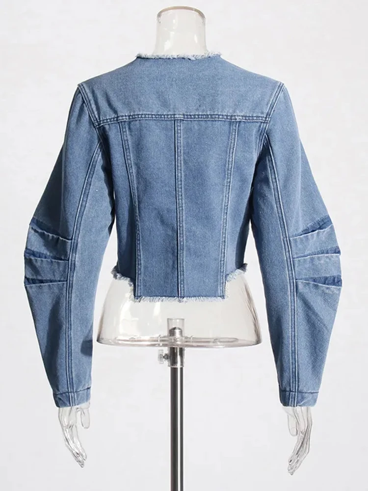 TWOTWINSTYLE Solid Patchwork Rawhem Denim Coat For Women Round Neck Long Sleeve Designer Slimming Shorts Jacket Female Fashion