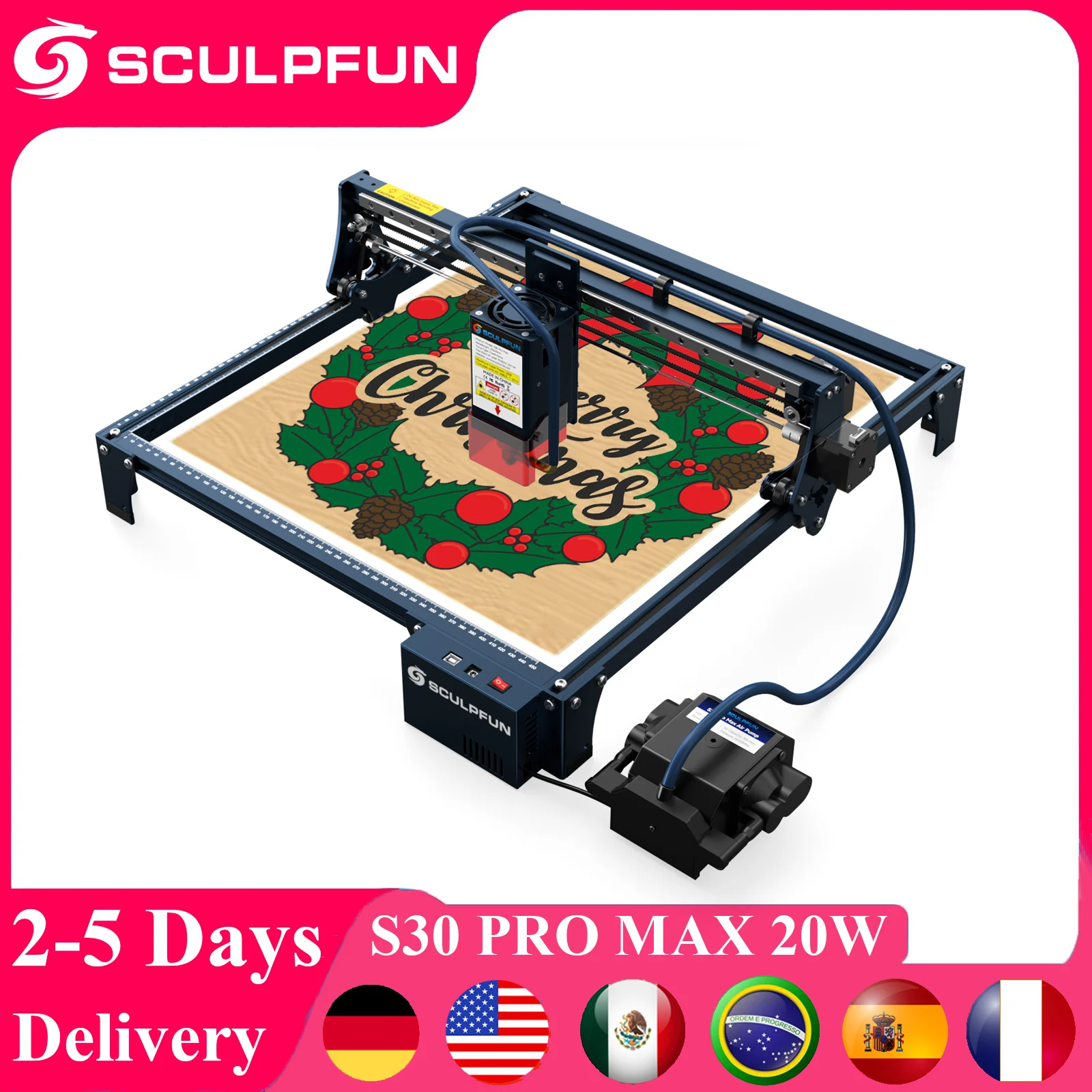 SCULPFUN S30 Pro Max 20W Laser Engraver Automatic Air-assist Engraving Machine 410*400mm Area For Wood Painted Metal Glass