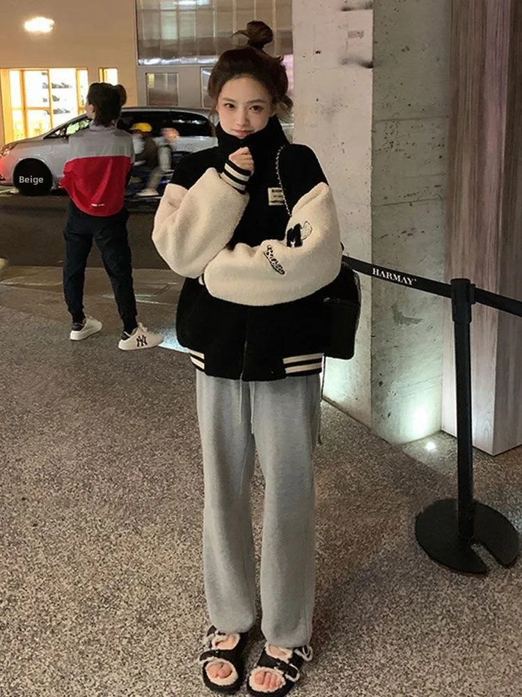 Lamb Fur Collar Shortened Baseball Jacket Women's Autumn Winter Thickened Fleece Lined High Collar Zipper Closure Casual Oute...