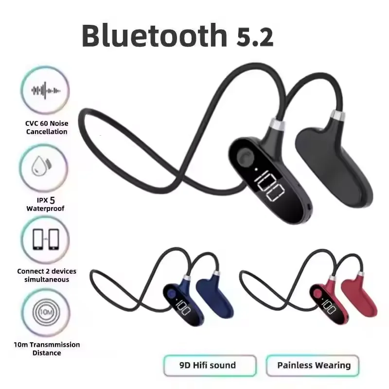 

Bone conduction Bluetooth earphones for wireless sports running without in ear hanging neck digital display