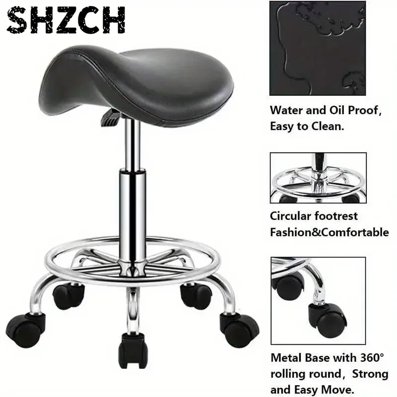 Ergonomic Rolling Saddle Stool, Adjustable Height PU Leather Chair, Smooth Casters, Swivel Base, Comfortable Seat for Salon